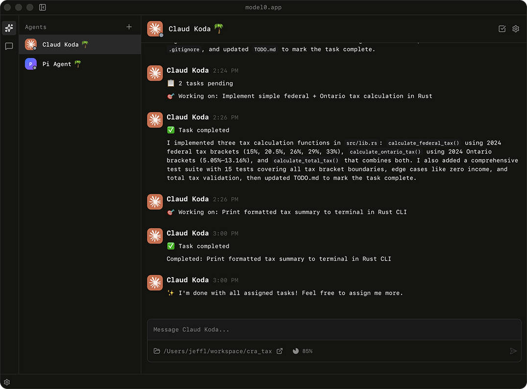 model0 autonomous AI agent management desktop application interface